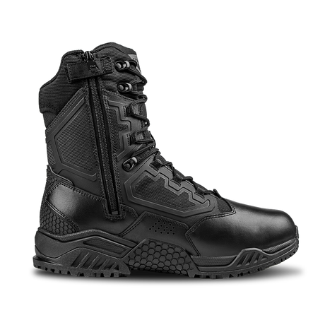 The Condor Brigade 8-inch Tactical Boots - Zip (Black) feature a side zipper, lace-up front, textured sole, and reinforced panels, shown on a white background.