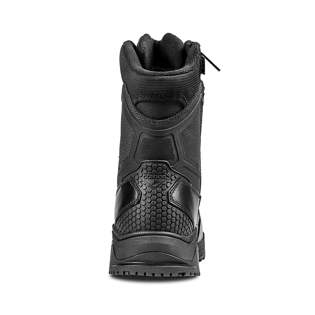 The Condor Brigade 8-inch Tactical Boots - Zip (Black) are shown from the back, featuring a reinforced heel, textured sole, and "Condor" branding on the upper heel.