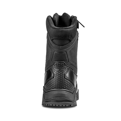The Condor Brigade 8-inch Tactical Boots - Zip (Black) are shown from the back, featuring a reinforced heel, textured sole, and "Condor" branding on the upper heel.