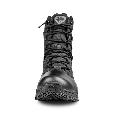 The Condor Brigade 8-inch Tactical Boots - Zip (Black) feature a high ankle, detailed front laces, and visible Condor branding on the tongue.