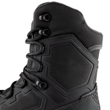 Close-up of the Condor Brigade 8-inch Tactical Boots - Zip (Black), featuring textured fabric, geometric rubber paneling, and metal lace eyelets.