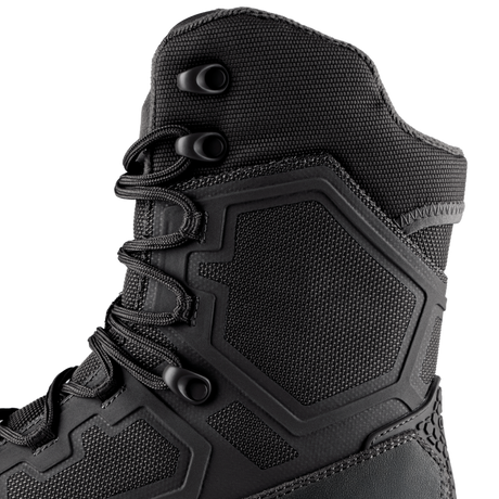 Close-up of the Condor Brigade 8-inch Tactical Boots - Zip (Black), featuring textured fabric, geometric rubber paneling, and metal lace eyelets.