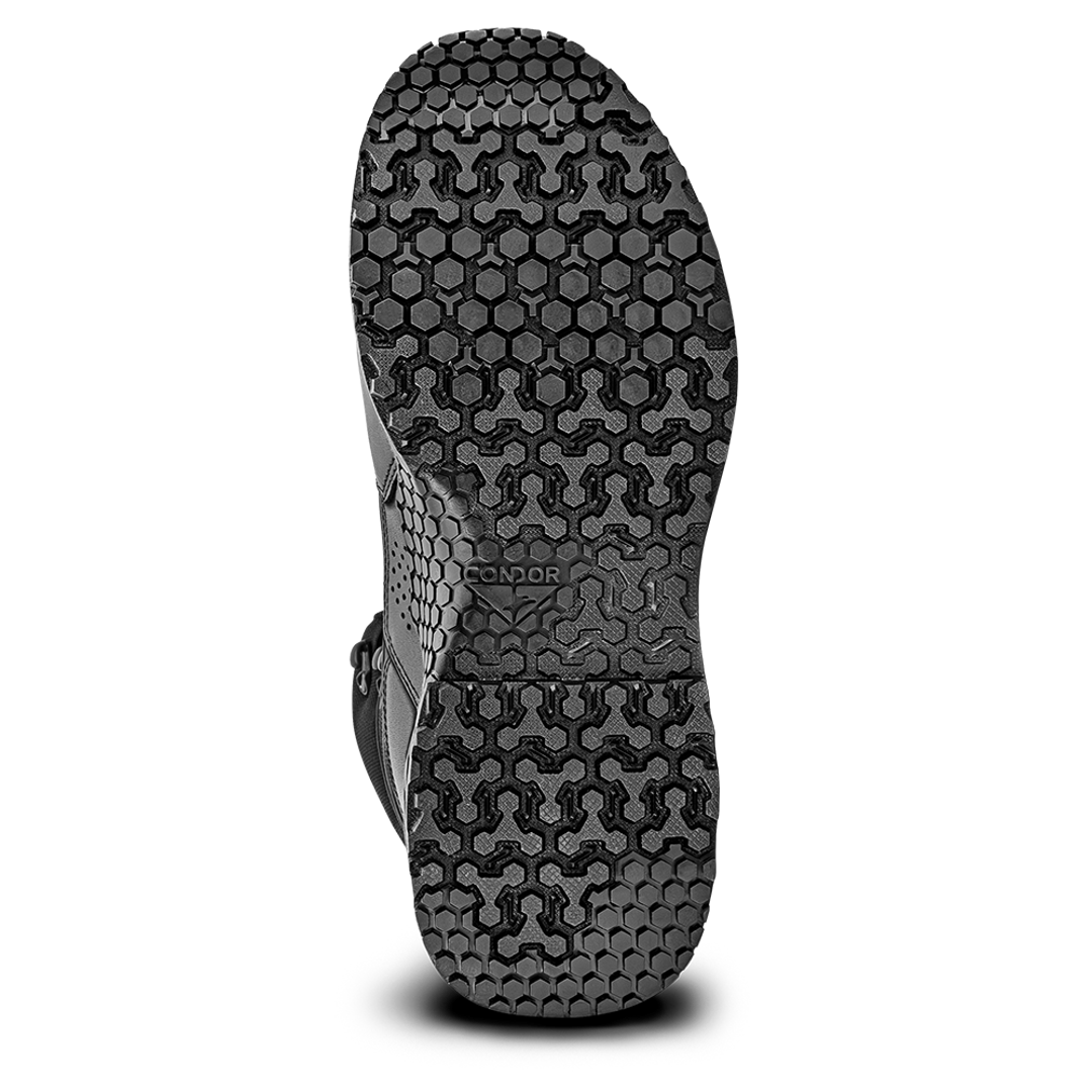 Close-up view of the sole of Condor Brigade 8-inch Tactical Boots - Zip (Black), highlighting the hexagonal and textured tread pattern for grip.