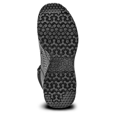 Close-up view of the sole of Condor Brigade 8-inch Tactical Boots - Zip (Black), highlighting the hexagonal and textured tread pattern for grip.