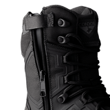 Close-up of Condor Brigade 8-inch Tactical Boots - Zip (Black) featuring a side zipper, lace-up front, textured fabric, and the Condor logo near the top.