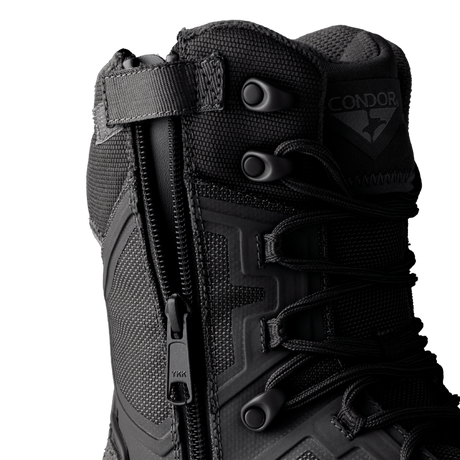 Close-up of Condor Brigade 8-inch Tactical Boots - Zip (Black) featuring a side zipper, lace-up front, textured fabric, and the Condor logo near the top.