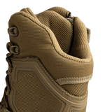 Close-up of the upper part of the Condor Brigade 8-inch Tactical Boots - Zip (Coyote Brown), highlighting textured fabric, lacing eyelets, and reinforced stitching.