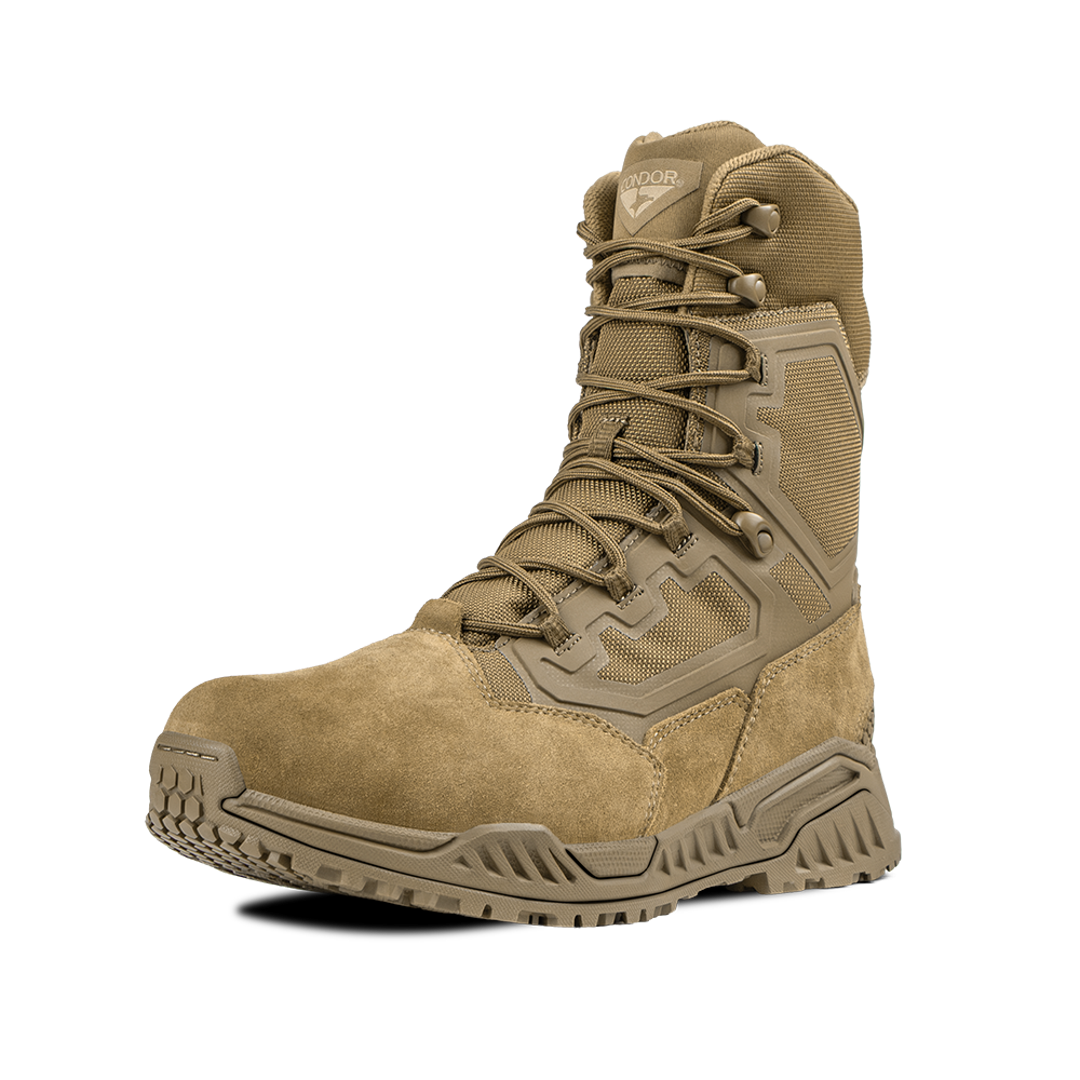 Condor Brigade 8-inch Tactical Boots - Zip in coyote brown feature a rugged sole, high ankle support, mesh and suede panels, and lace-up front. Displayed on a plain white background.