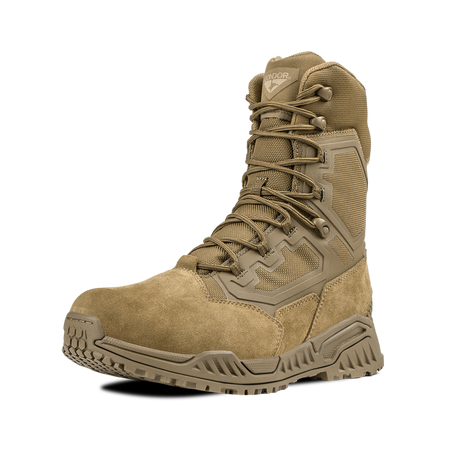 Condor Brigade 8-inch Tactical Boots - Zip in coyote brown feature a rugged sole, high ankle support, mesh and suede panels, and lace-up front. Displayed on a plain white background.