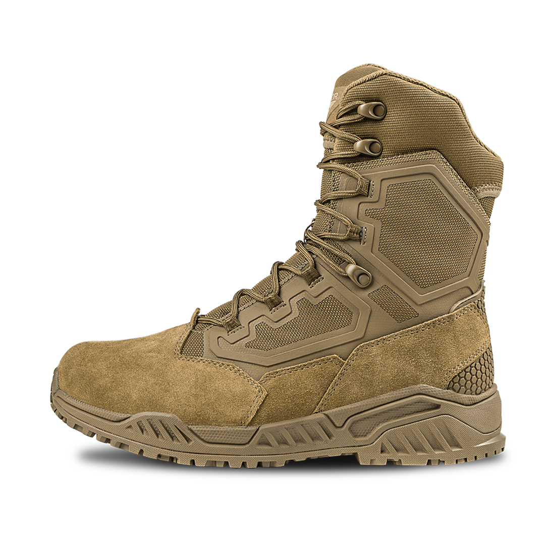 The Condor Brigade 8-inch Tactical Boots - Zip (Coyote Brown) feature a high ankle, textured panels, lace-up front, rugged rubber sole, and reinforced stitching, shown against a white background.