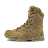 The Condor Brigade 8-inch Tactical Boots - Zip (Coyote Brown) feature a high ankle, textured panels, lace-up front, rugged rubber sole, and reinforced stitching, shown against a white background.