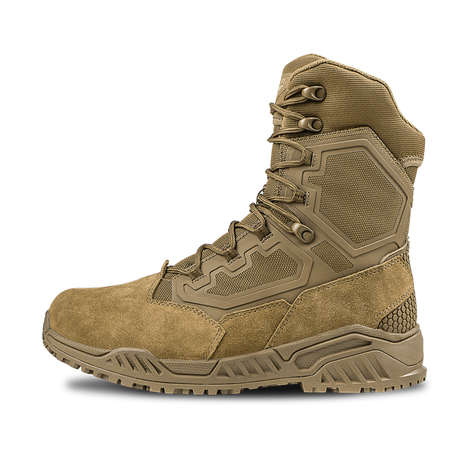 The Condor Brigade 8-inch Tactical Boots - Zip (Coyote Brown) feature a high ankle, textured panels, lace-up front, rugged rubber sole, and reinforced stitching, shown against a white background.