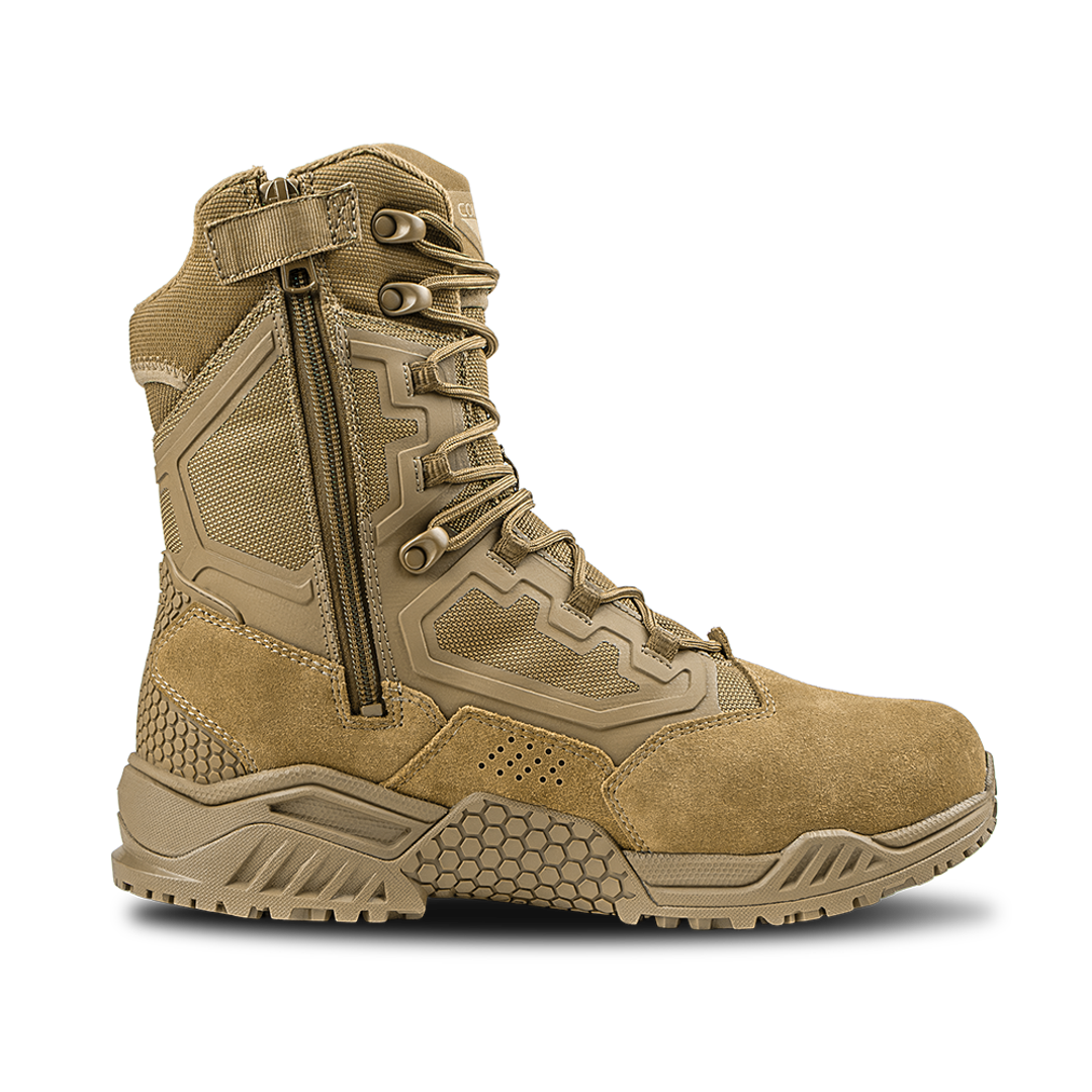 Condor Brigade 8-inch Tactical Boots - Zip (Coyote Brown) feature a lace-up front, side zipper, textured sole, and reinforced panels, displayed in profile against a white background.
