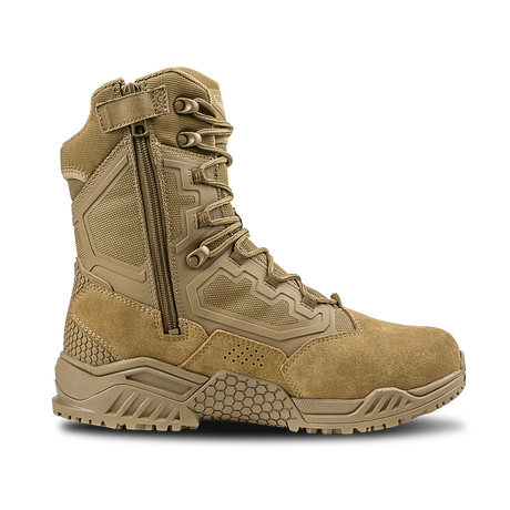 Condor Brigade 8-inch Tactical Boots - Zip (Coyote Brown) feature a lace-up front, side zipper, textured sole, and reinforced panels, displayed in profile against a white background.