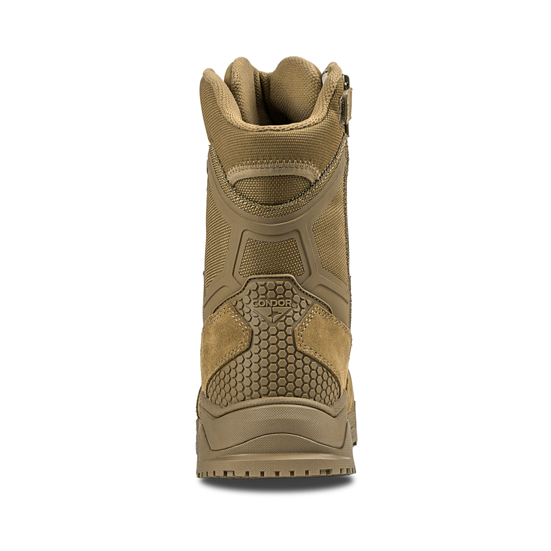 The Condor Brigade 8-inch Tactical Boots - Zip in Coyote Brown are shown from the back, highlighting the rugged sole, textured heel, padded upper, and Condor branding above the heel.