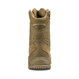 The Condor Brigade 8-inch Tactical Boots - Zip in Coyote Brown are shown from the back, highlighting the rugged sole, textured heel, padded upper, and Condor branding above the heel.