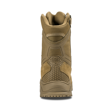 The Condor Brigade 8-inch Tactical Boots - Zip in Coyote Brown are shown from the back, highlighting the rugged sole, textured heel, padded upper, and Condor branding above the heel.
