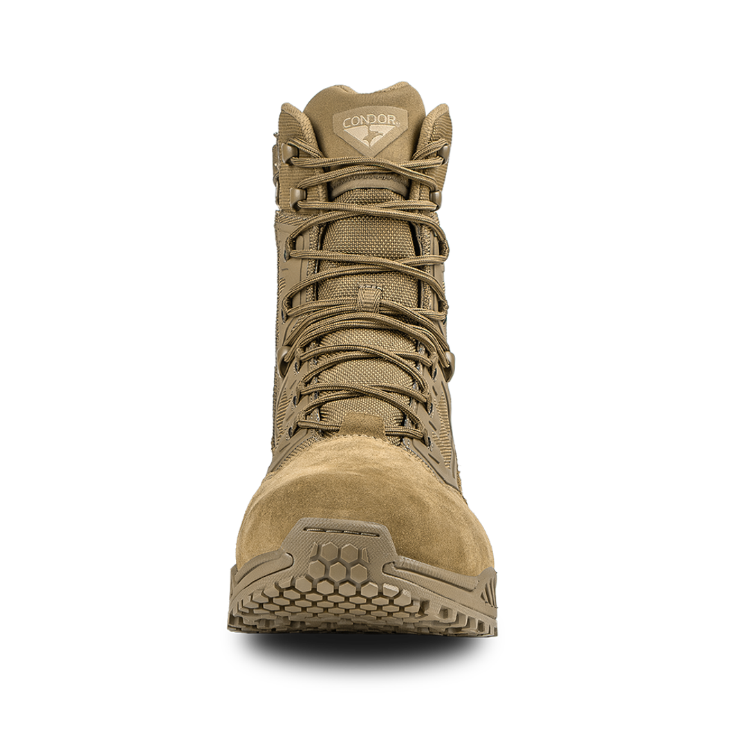 The Condor Brigade 8-inch Tactical Boots - Zip (Coyote Brown) feature a high ankle, rugged sole, and the Condor logo on the tongue, shown from the front against a white background.