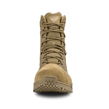 The Condor Brigade 8-inch Tactical Boots - Zip (Coyote Brown) feature a high ankle, rugged sole, and the Condor logo on the tongue, shown from the front against a white background.