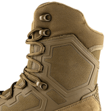 Close-up of Condor Brigade 8-inch Tactical Boots - Zip (Coyote Brown) showing textured fabric, hexagonal side panels, and metal eyelets for laces.