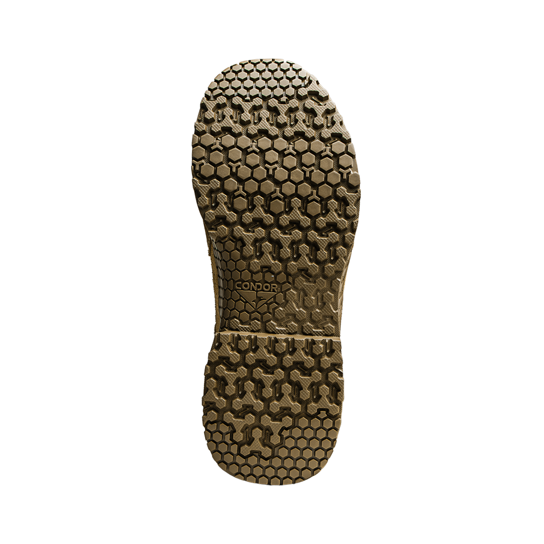The image shows the sole of the Condor Brigade 8-inch Tactical Boots - Zip (Coyote Brown) featuring a hexagonal and cross-shaped tread pattern with "CONDOR" printed near the center.