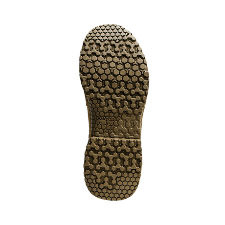 The image shows the sole of the Condor Brigade 8-inch Tactical Boots - Zip (Coyote Brown) featuring a hexagonal and cross-shaped tread pattern with "CONDOR" printed near the center.