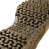 Close-up of the Brigade 8-inch Tactical Boots - Zip (Coyote Brown) by Condor, showing a brown sole with a rugged, multi-textured tread pattern and the Condor brand name in raised letters.