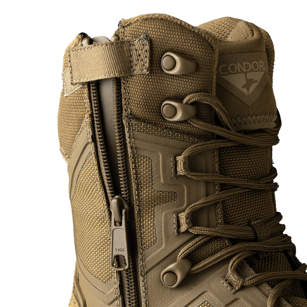 Close-up of Condor Brigade 8-inch Tactical Boots - Zip in coyote brown, featuring a side zipper, brown laces, metal eyelets, and the Condor logo on the upper part.