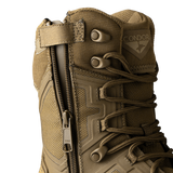 Close-up of Condor Brigade 8-inch Tactical Boots - Zip in coyote brown, featuring a side zipper, brown laces, metal eyelets, and the Condor logo on the upper part.