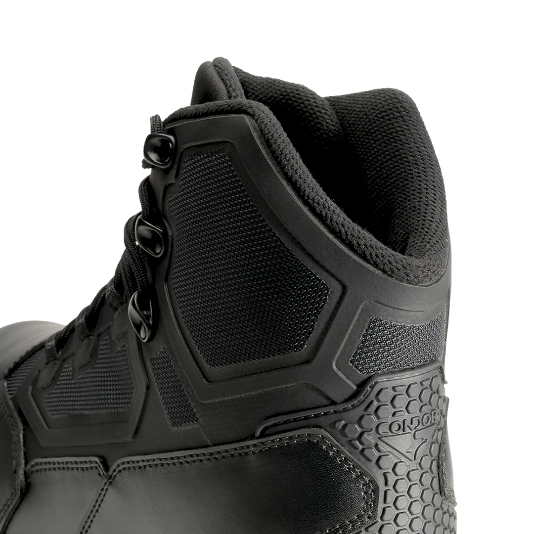 Close-up of Condor's Brigade 6-inch Tactical Boots in black, featuring mesh panels, textured accents, and metal eyelets for laces.