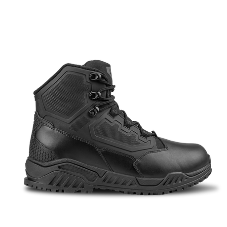 The Condor Brigade 6-inch Tactical Boots in black feature reinforced ankle support, a textured sole, and hexagonal detailing, displayed in a side profile against a plain white background.