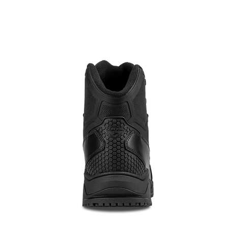 Rear view of Condor Brigade 6-inch Tactical Boots in black, showing textured detailing, mesh fabric, and the Condor logo on the heel.