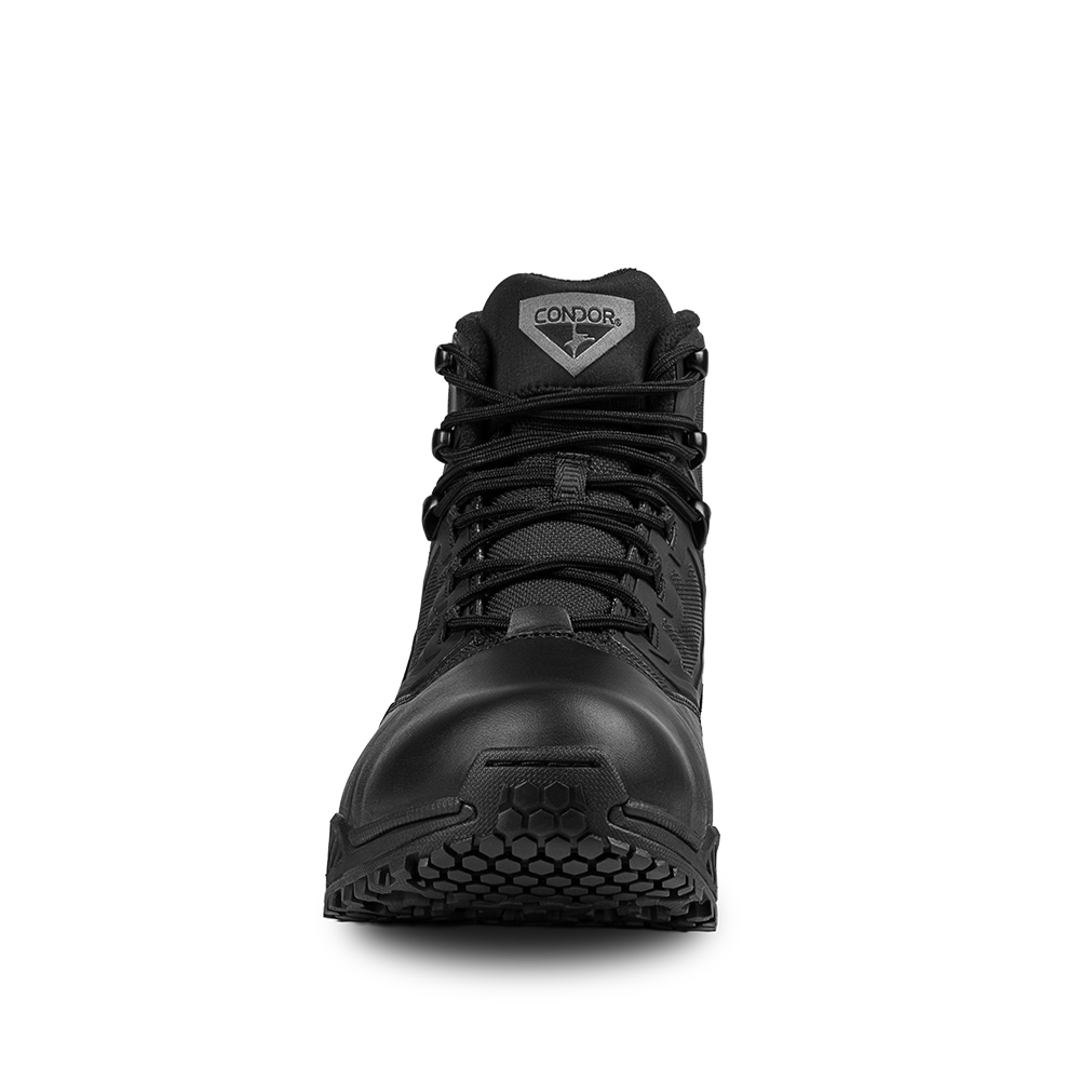 Front view of Condor Brigade 6-inch Tactical Boots in black, showing visible laces, a rugged sole, and reinforced toe, photographed against a plain white background.