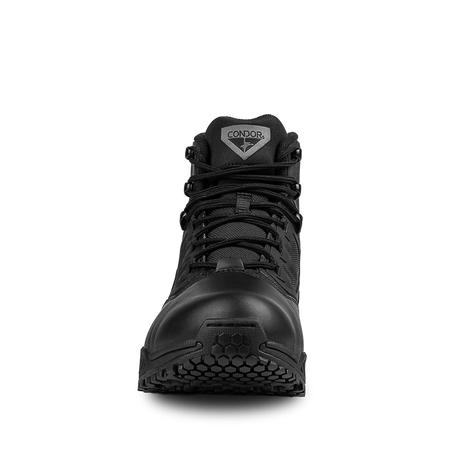 Front view of Condor Brigade 6-inch Tactical Boots in black, showing visible laces, a rugged sole, and reinforced toe, photographed against a plain white background.