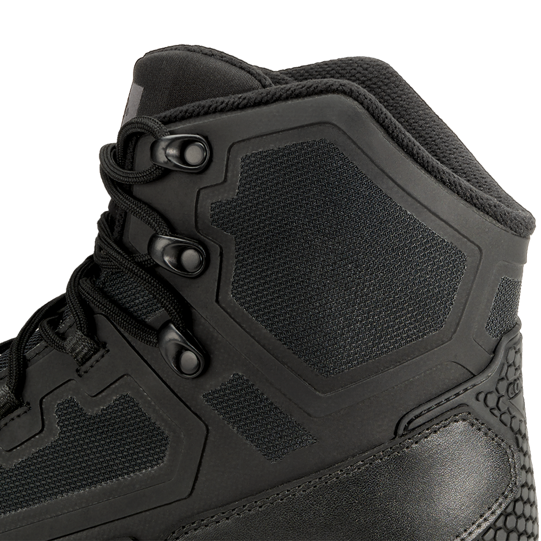 Close-up of the Condor Brigade 6-inch Tactical Boots (Black), highlighting detailed stitching, metal eyelets, textured fabric panels, and padded ankle support.