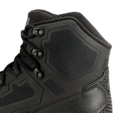 Close-up of the Condor Brigade 6-inch Tactical Boots (Black), highlighting detailed stitching, metal eyelets, textured fabric panels, and padded ankle support.