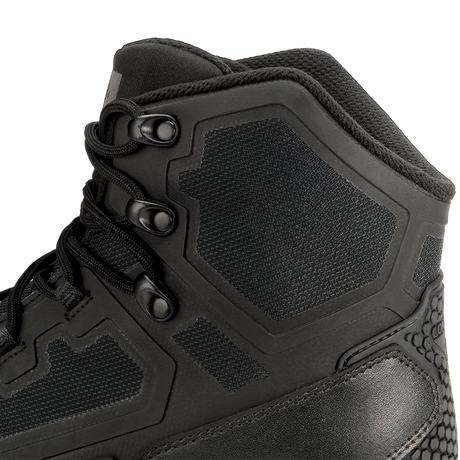 Close-up of the Condor Brigade 6-inch Tactical Boots (Black), highlighting detailed stitching, metal eyelets, textured fabric panels, and padded ankle support.