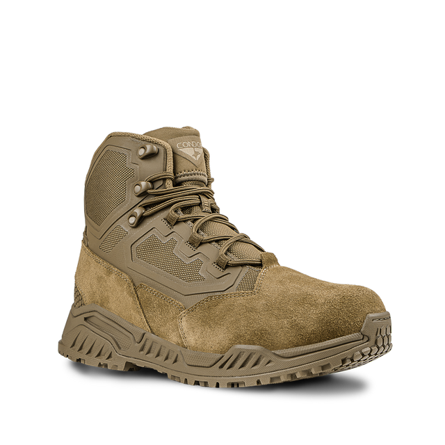 Condor Brigade 6-inch Tactical Boots in Coyote Brown feature a rugged tread, mesh panels, reinforced toe, lace-up front, and branded tongue, displayed against a plain white background.