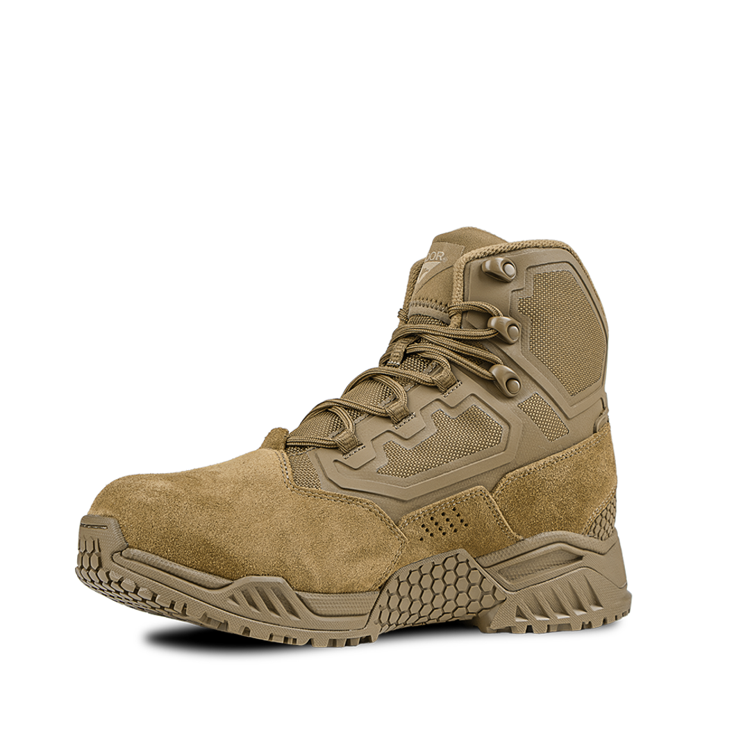 Condor Brigade 6-inch Tactical Boots in coyote brown feature a rugged sole, mesh panels, reinforced stitching, and lace-up closure, shown on a plain white background.