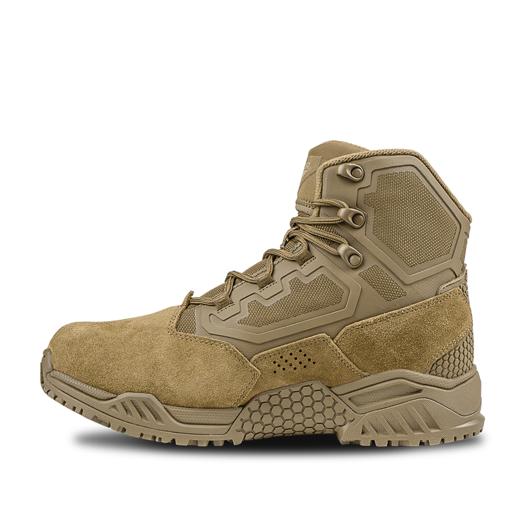 The Condor Brigade 6-inch Tactical Boots in coyote brown feature a rugged sole, mesh panels, reinforced toe, and lace-up closure, displayed in a side profile against a white background.