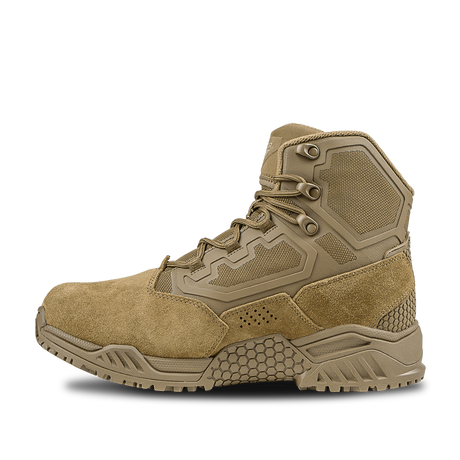 The Condor Brigade 6-inch Tactical Boots in coyote brown feature a rugged sole, mesh panels, reinforced toe, and lace-up closure, displayed in a side profile against a white background.
