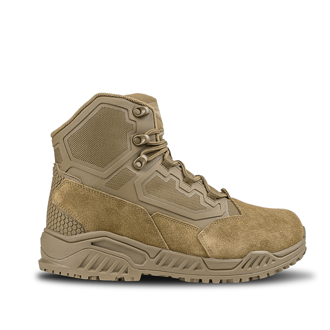 The Condor Brigade 6-inch Tactical Boots in Coyote Brown feature a reinforced toe, mesh panels, rugged sole, and high ankle support. Shown from the side on a plain white background.