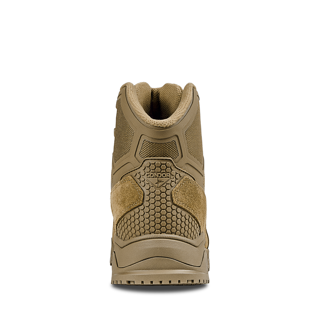 Rear view of Condor Brigade 6-inch Tactical Boots in coyote brown, featuring textured detailing, mesh panels, and "Condor" branding above the heel.