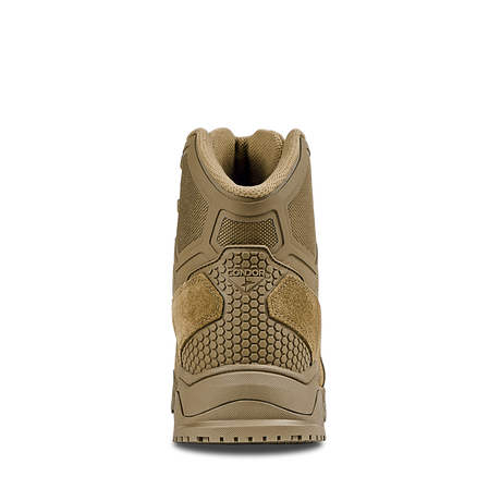 Rear view of Condor Brigade 6-inch Tactical Boots in coyote brown, featuring textured detailing, mesh panels, and "Condor" branding above the heel.