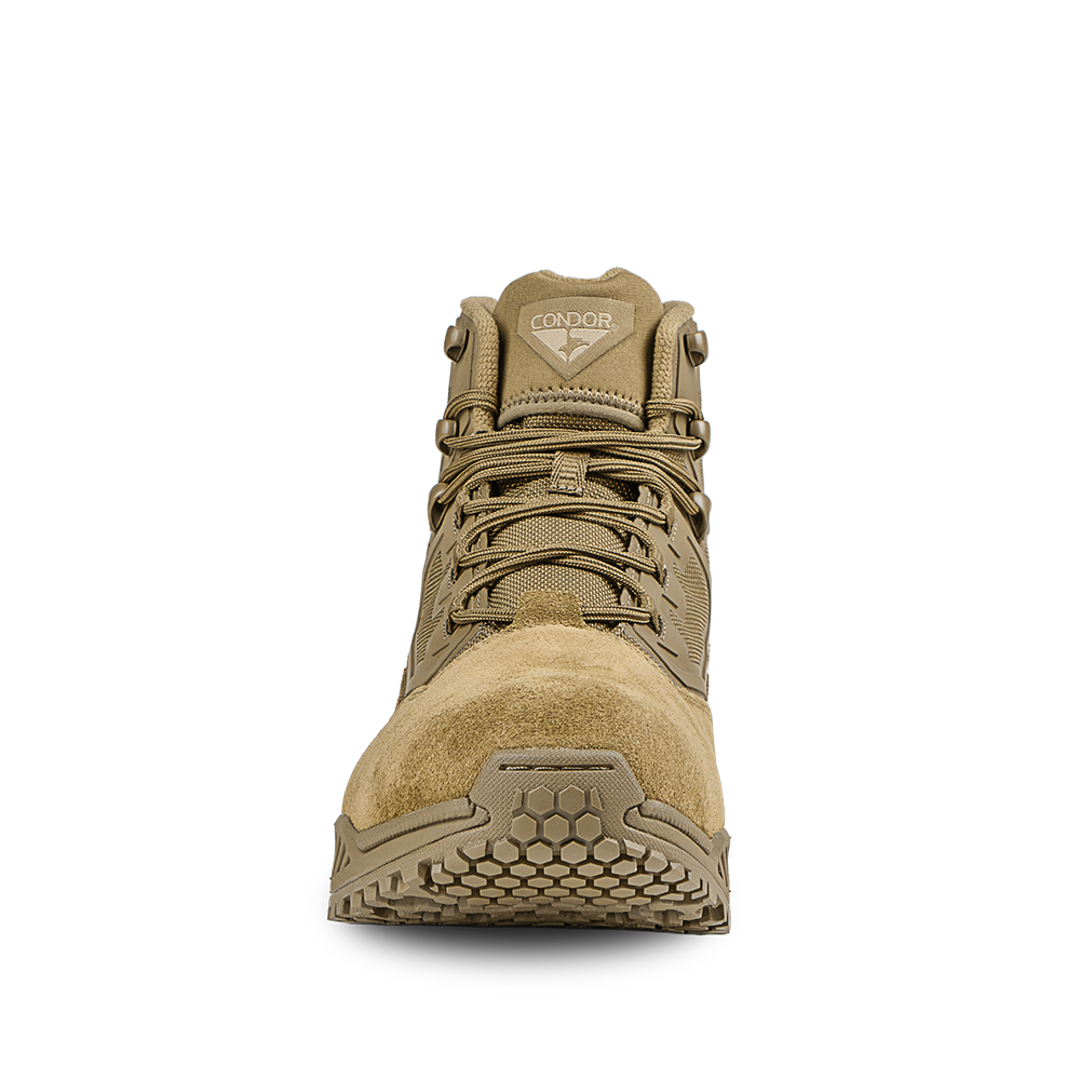 Front view of Condor Brigade 6-inch Tactical Boots in Coyote Brown with tied laces and textured rubber sole, photographed on a white background.