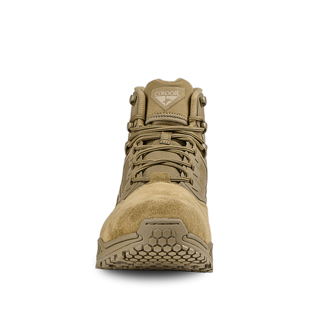 Front view of Condor Brigade 6-inch Tactical Boots in Coyote Brown with tied laces and textured rubber sole, photographed on a white background.