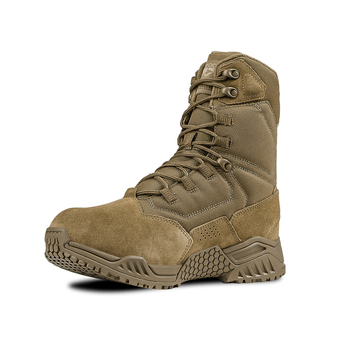 The Condor Brigade 8-inch Tactical Boots - AR670 in coyote brown feature a rugged rubber sole, high ankle support, and lace-up front, shown against a plain white background.