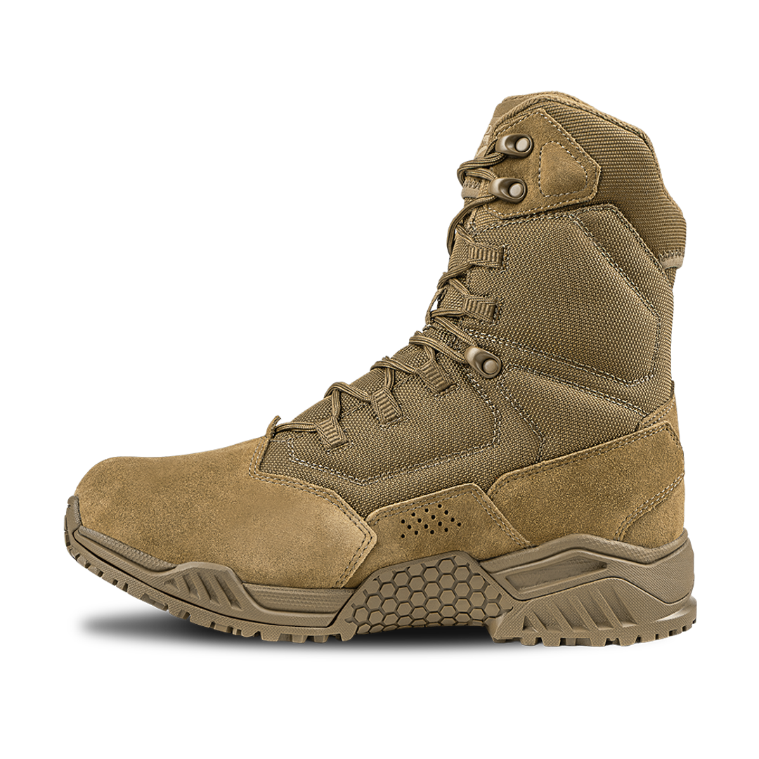 The Condor Brigade 8-inch Tactical Boots - AR670 feature a tan color, high ankle support, rugged sole, and lace-up front, shown against a plain white background.