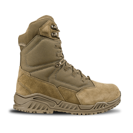 The Condor Brigade 8-inch Tactical Boots - AR670 are tan, high-ankle boots with a lace-up front, rugged sole, and reinforced panels, shown in a side profile on a white background.