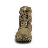 The Condor Brigade 8-inch Tactical Boots - AR670 are tan military-style boots featuring a high ankle, front laces, rugged sole, and a Condor logo on the tongue, shown from the front against a white background.